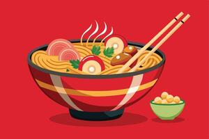 A bowl of ramen noodles with chopsticks, garnished with meat, vegetables, and a side dish of edamame. vector