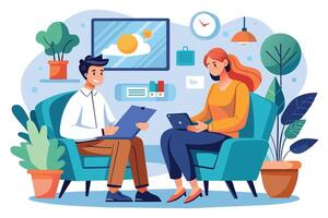 A man and woman are sitting in chairs in an office, talking. The man is holding a clipboard while the woman is holding a tablet. vector