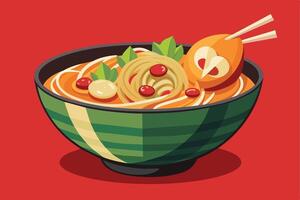 A cartoon illustration of a bowl of noodle soup with chopsticks, vegetables, and red peppers. vector