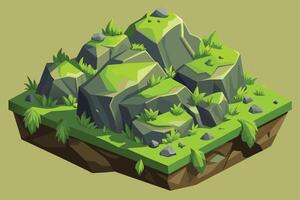 An illustration depicting a 3D isometric view of a green grass and rock landscape. vector