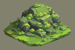 A digital illustration of a mossy rock formation in a green meadow. The image is depicted in an isometric perspective, featuring various sizes and shapes of rocks covered with green moss. vector
