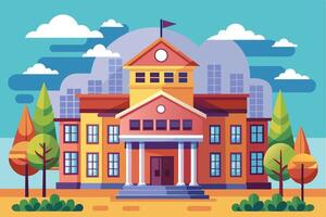 Illustration of a large, colorful school building with a front entrance, surrounded by trees and a cloudy sky. vector