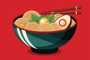 A cartoon illustration of a bowl of ramen noodles with a soft-boiled egg, green onions, and chopsticks. vector