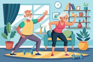 A senior couple is working out together in their living room. They are both smiling and appear to be enjoying their exercise routine. vector