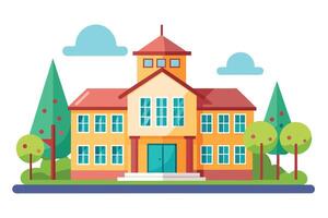 An illustration of a yellow school building with a red roof, green trees, and blue clouds. vector