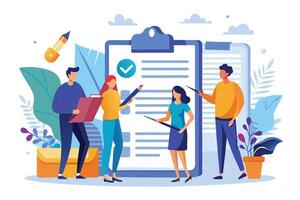 Four people stand around a large checklist, pointing at it and discussing its contents. vector