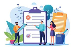 Three people are reviewing a checklist on a clipboard. One points, one holds a pen, and the third stands with a hand on their hip. vector