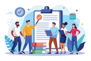 A team of four individuals, representing diverse backgrounds, review a checklist and schedule. They stand in front of a large clipboard with checkmarks and text. vector