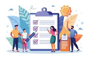 An illustration of a team of four people working together to complete a checklist, signifying collaboration and teamwork. vector