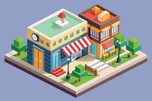An isometric illustration of two shops on a city block with a sidewalk, streetlights, and small trees. The shops have awnings, windows, and doors. vector