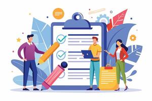 A team of three people works together to complete a checklist. They are focused and engaged, using a variety of methods to ensure everything is done correctly. vector