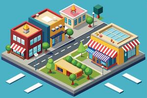 A colorful isometric illustration depicting a small city block with shops, trees, and a road. The scene includes buildings with awnings, streetlights, and a small park area. vector
