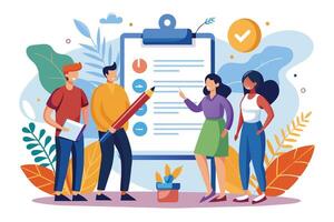 A group of four diverse team members collaborate on a project checklist while using a large, red pencil. They stand together, demonstrating a sense of teamwork and unity. vector