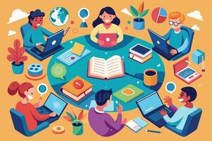 An illustration depicting a diverse group of students engaged in a collaborative project, utilizing laptops, books, and other learning resources. vector
