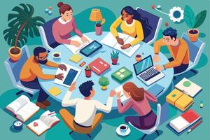 An illustration of a diverse group of people collaborating on a project around a table. They are using laptops and writing materials. vector