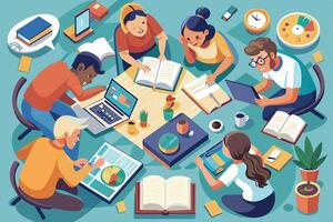 A group of students sit around a table, studying together with books, laptops, and other materials. They are focused, engaged, and working well as a team. vector
