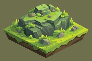 A digital illustration of a moss-covered rock formation set against a backdrop of vibrant green grass. vector