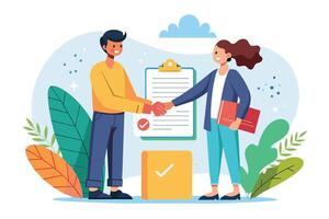 Two business partners shake hands in front of a signed document, indicating a successful agreement. vector