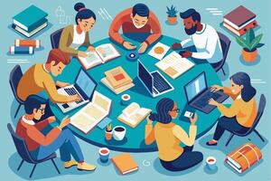 An illustration of a diverse group of students studying together around a table. They are using books, laptops, and other materials to learn. vector