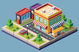 An isometric illustration depicts a city block with various buildings, including storefronts with awnings, a bus stop, and a red car parked on the side of the road. vector