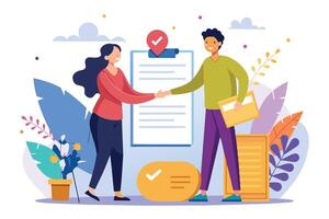 A woman and a man stand near a large checklist, shaking hands in agreement. They are both smiling, and the checklist has a check mark on it, indicating a successful outcome. vector