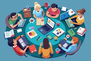A group of diverse students is gathered around a table in a classroom, studying together. They are using various resources, including textbooks, laptops, and tablets. vector