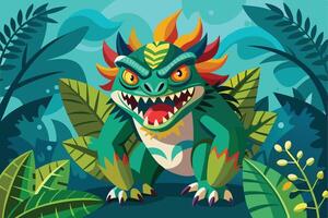 An illustration of a green monster with red horns, sharp teeth, and yellow eyes roaring in a jungle setting. vector