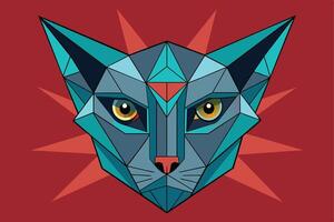 A digital illustration depicting a geometric cats face with a red starburst background. vector