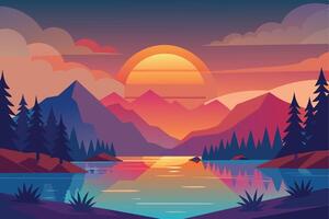 A digitally illustrated landscape of a still lake reflecting a vibrant sunset sky over a range of mountains with trees along the shoreline. vector