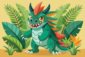 A green dragon with orange horns and a red crest stands in a jungle with large green leaves. The dragon has a friendly expression and is smiling with its teeth showing. vector