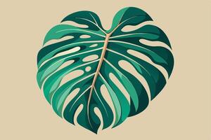 A single green Monstera leaf is depicted in this illustration against a light beige background. vector