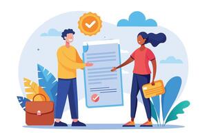 A cartoon illustration of a smiling man and woman holding a large contract document, ready to sign an agreement. vector