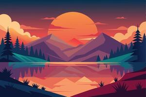 A digital illustration of a sunset over a mountain lake, with the silhouette of pine trees and the reflection of the sky in the water. vector