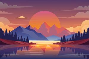 A digital illustration depicting a beautiful sunset over a mountain range and lake, with silhouetted trees lining the shore. vector