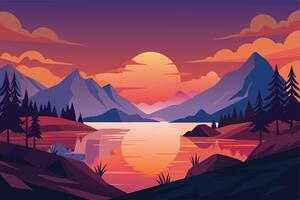 Digital art of serene mountain lake at sunset, showing large orange sun setting behind mountains with reflection in water. vector