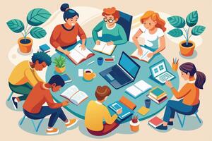 A group of students of different ages and genders sit around a round table, studying together. They are using books and laptops, and the scene is full of colorful details. vector