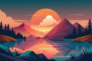 A digital illustration depicts a picturesque mountain range with a large, orange sun setting behind them. The mountains are reflected in the calm lake water below. vector