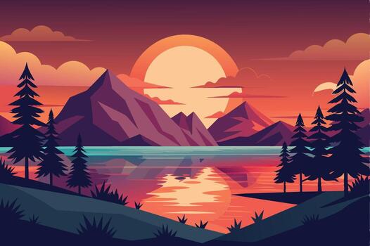 A digitally rendered illustration of a lake reflecting a vibrant sunset over a mountain range, with silhouetted trees in the foreground. vector