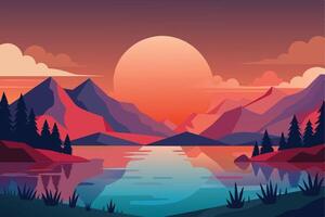 A vibrant digital illustration depicting a serene lake nestled between colorful mountains with a large sun setting behind them. vector