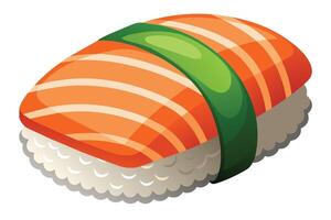 A single piece of sushi with a salmon topping, white rice, and a green nori wrap. vector