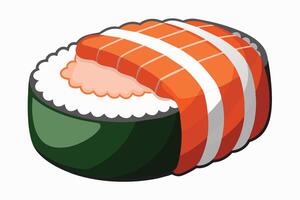 A single sushi roll with salmon, white rice, and nori seaweed, isolated on a white background. vector