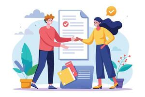 A man and a woman shake hands in front of a document with a checkmark on it, symbolizing agreement or completion. vector