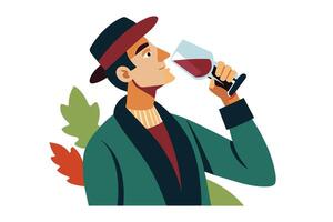 A cartoon illustration of a man in a green jacket and hat drinking red wine. He is enjoying a glass of wine in front of some foliage. vector