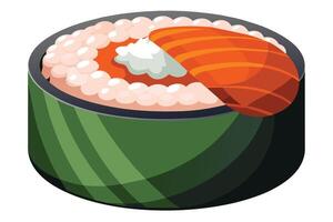 A single sushi roll with a green seaweed wrapper, white sauce, and fish eggs. vector