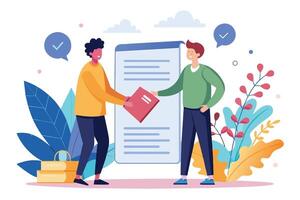 Two men standing near a whiteboard with one handing over a book to the other. vector