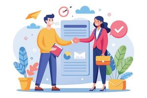 An illustration of two people shaking hands in front of a large phone screen. One person is wearing a yellow shirt and blue pants while the other is wearing a red blazer and blue pants. vector