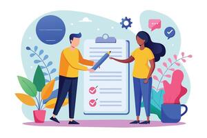 Two individuals, a man and a woman, are working together on a checklist. The man is handing a pencil to the woman, while she points to a specific section on the checklist. vector
