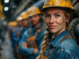 A Team of women and men working on machinery in a factory, standing side by side and looking at the camera, smiling. photo
