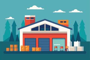 A flat-style illustration depicting a red brick warehouse building with garage doors and boxes in front. The building is set against a blue sky with white clouds and green trees. vector