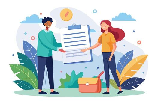 un hombre y mujer son en pie en un verde campo con azul nubes en el fondo, mirando a un portapapeles con un documento. vector